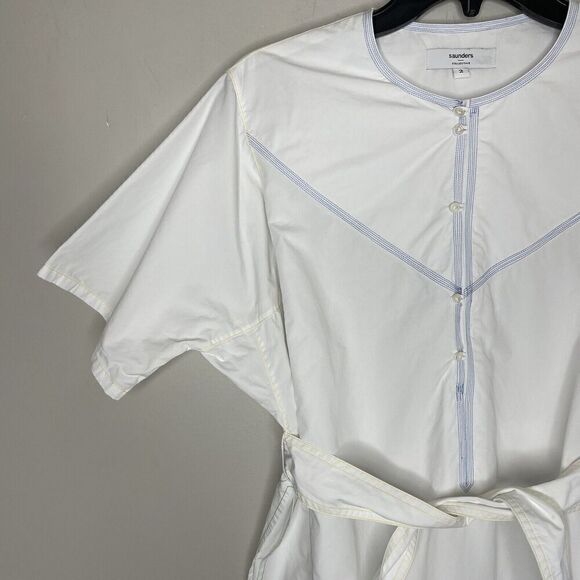 SAUNDERS Collective Nani Dress Womens 2 White Tie Waist Cotton Poplin Pockets - Picture 4 of 13